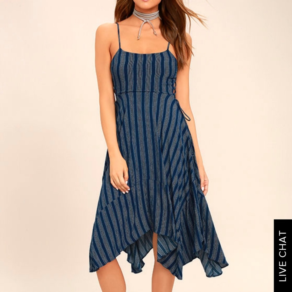 Lulu's navy blue striped lace up midi dress
